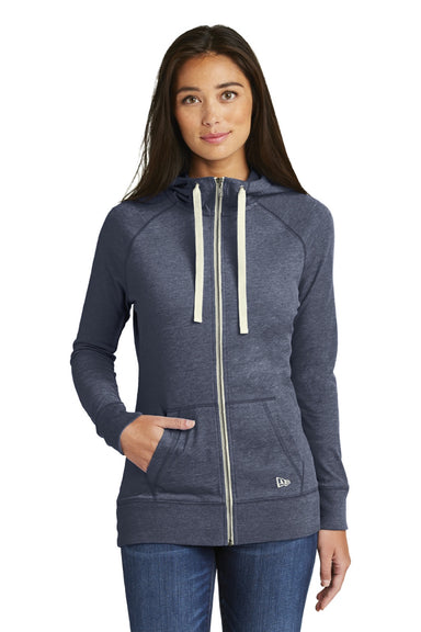 New Era LNEA122 Womens Sueded Full Zip Hooded Sweatshirt Hoodie w/ Pockets Heather Navy Blue Model Front