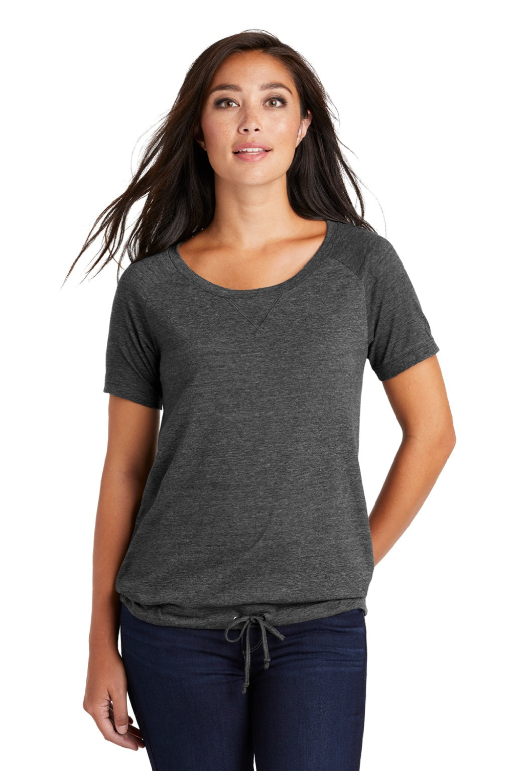 New Era LNEA133 Womens Performance Cinch Moisture Wicking Short Sleeve Wide Neck T-Shirt Graphite Grey Model Front