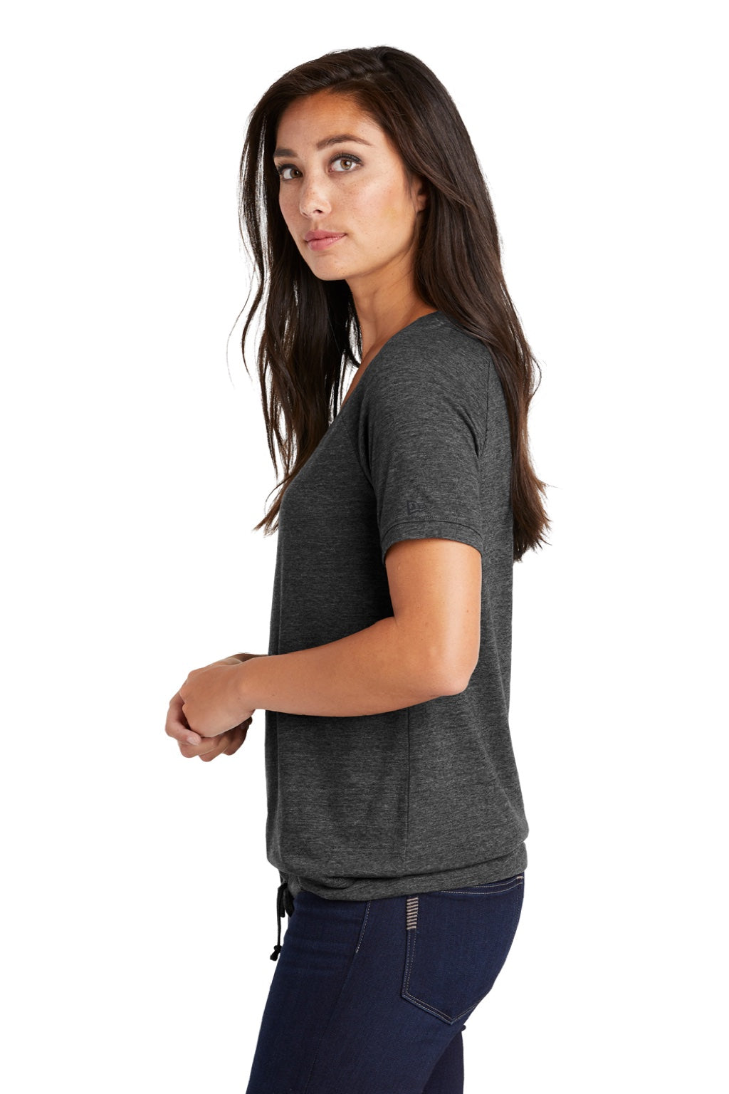 New Era LNEA133 Womens Performance Cinch Moisture Wicking Short Sleeve Wide Neck T-Shirt Graphite Grey Model Side
