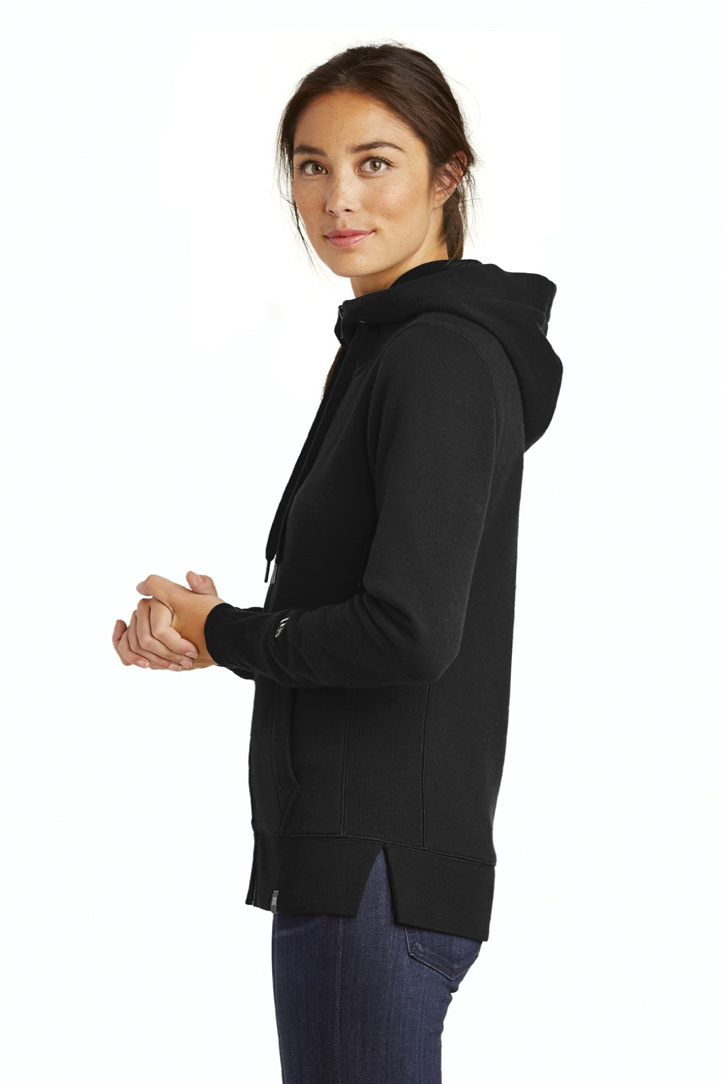 New Era LNEA502 Womens Sueded French Terry Full Zip Hooded Sweatshirt Hoodie w/ Pockets Black Model Side