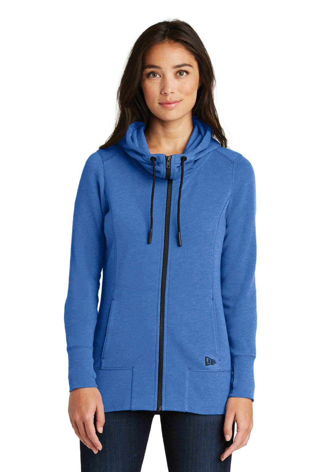 New Era LNEA511 Womens Fleece Full Zip Hooded Sweatshirt Hoodie w/ Pockets Heather Royal Blue Model Front