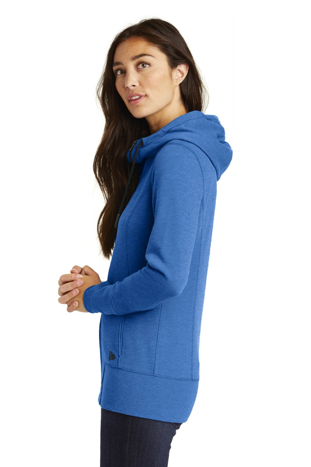 New Era LNEA511 Womens Fleece Full Zip Hooded Sweatshirt Hoodie w/ Pockets Heather Royal Blue Model Side