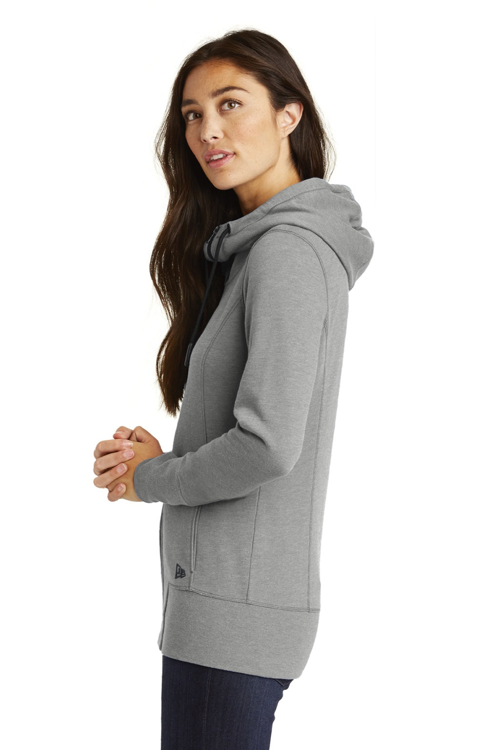New Era LNEA511 Womens Fleece Full Zip Hooded Sweatshirt Hoodie w/ Pockets Heather Shadow Grey Model Side