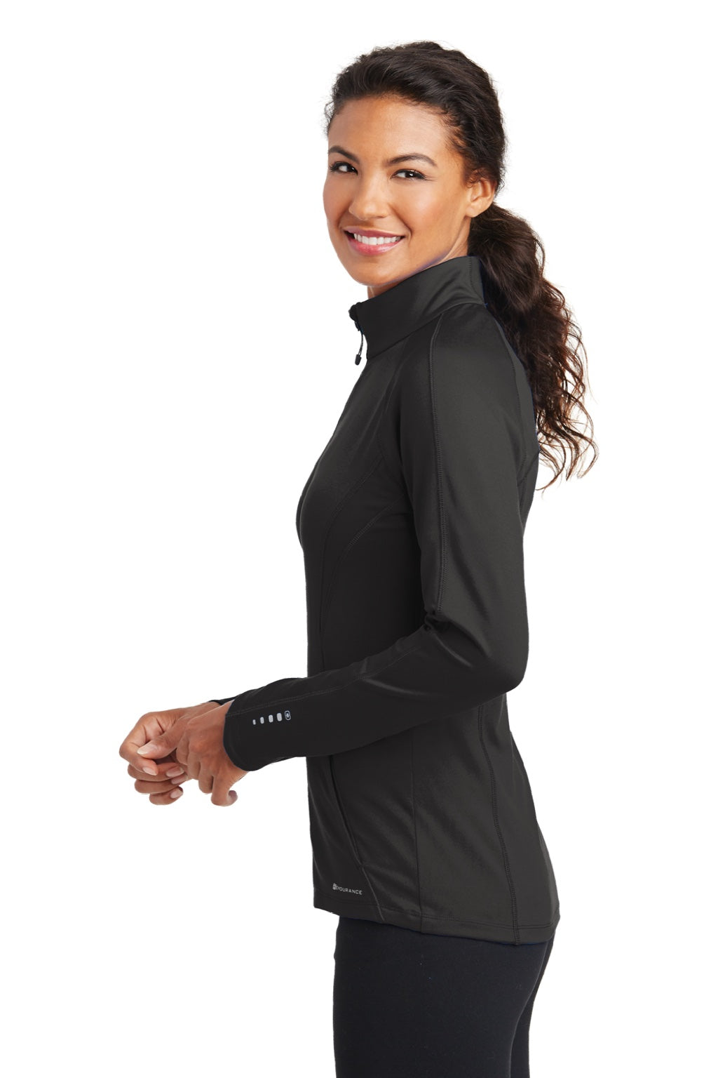 Ogio LOE551 Womens Endurance Radius Moisture Wicking Full Zip Sweatshirt w/ Pockets Blacktop Model Side