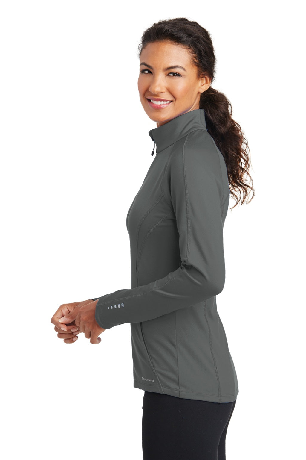 Ogio LOE551 Womens Endurance Radius Moisture Wicking Full Zip Sweatshirt w/ Pockets Gear Grey Model Side