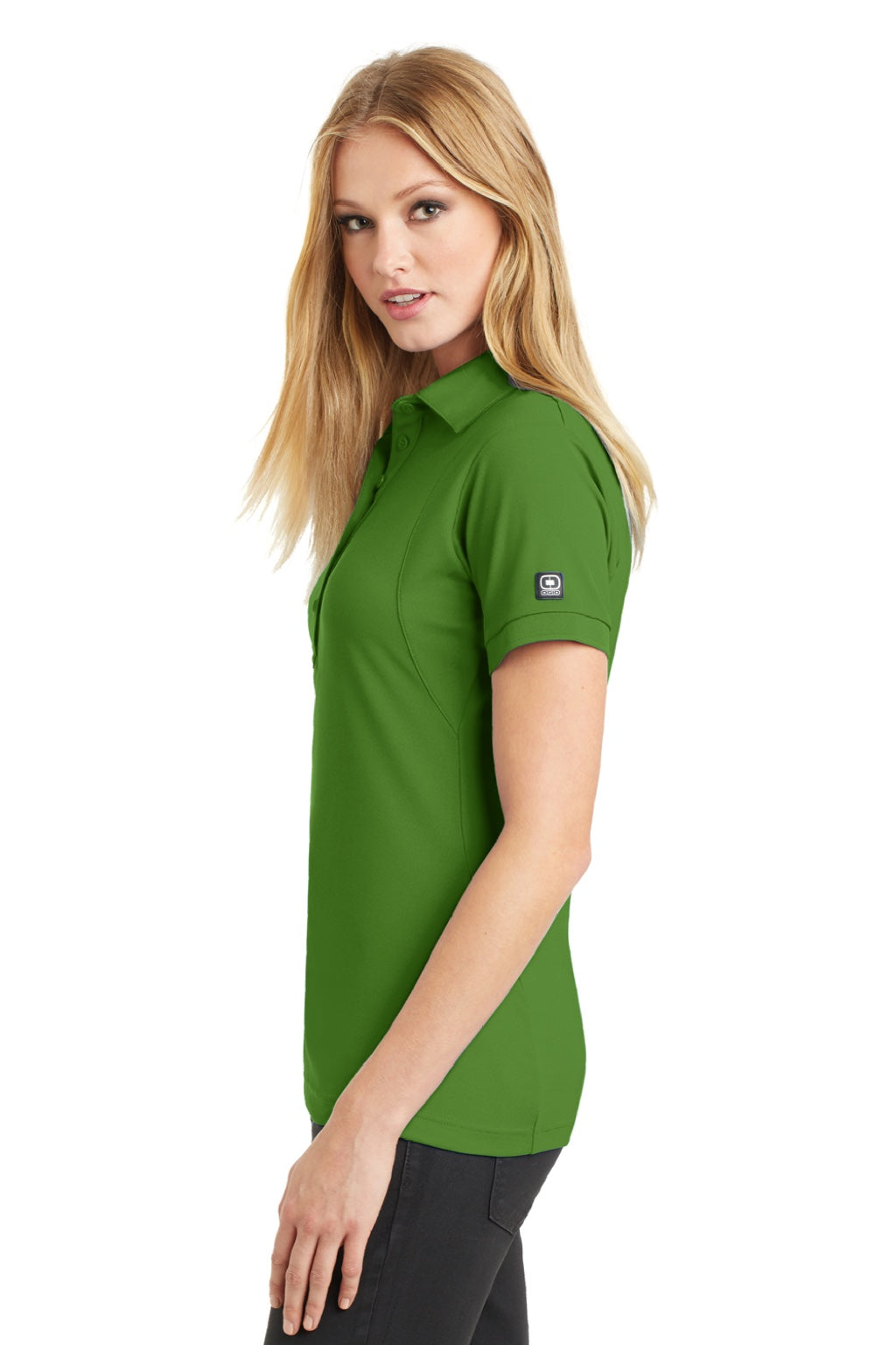 Ogio LOG101 Womens Jewel Moisture Wicking Short Sleeve Polo Shirt Gridiron Green Model Side