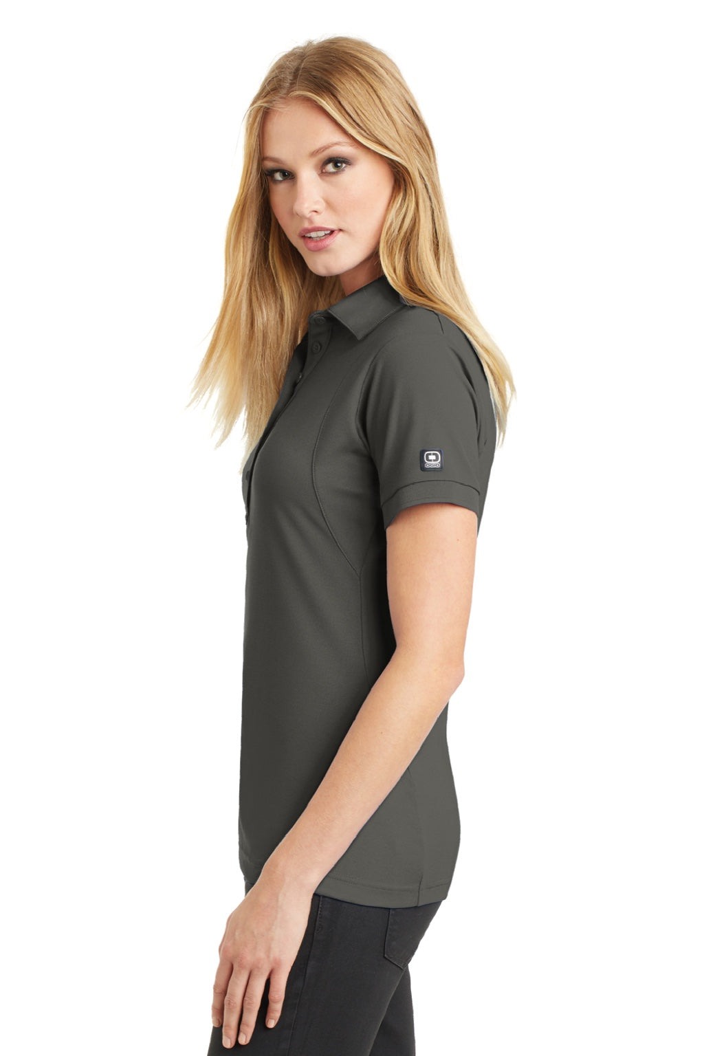 Ogio LOG101 Womens Jewel Moisture Wicking Short Sleeve Polo Shirt Rogue Grey Model Side