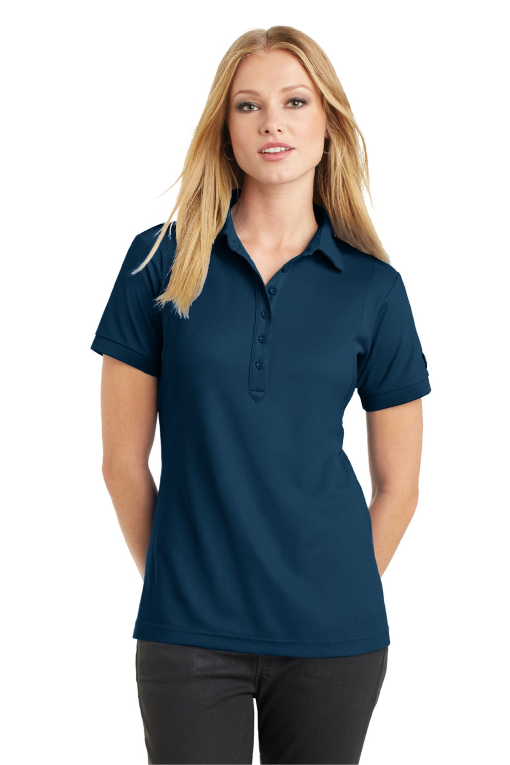 Ogio LOG101 Womens Jewel Moisture Wicking Short Sleeve Polo Shirt Spar Blue Model Front
