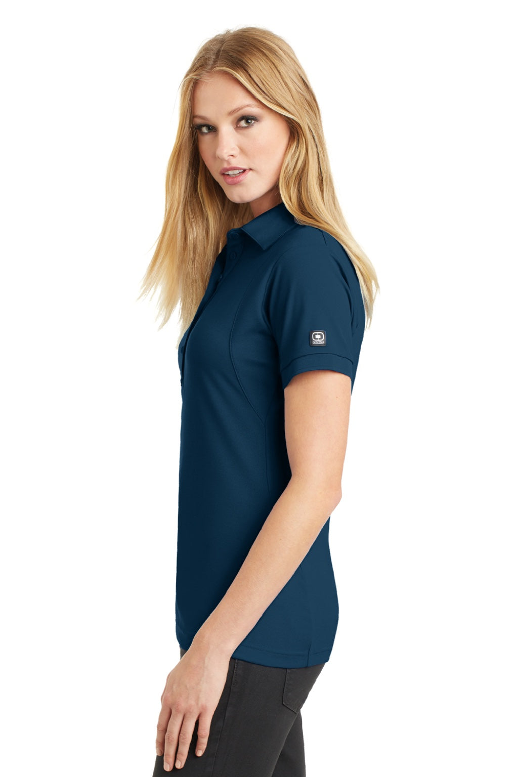 Ogio LOG101 Womens Jewel Moisture Wicking Short Sleeve Polo Shirt Spar Blue Model Side