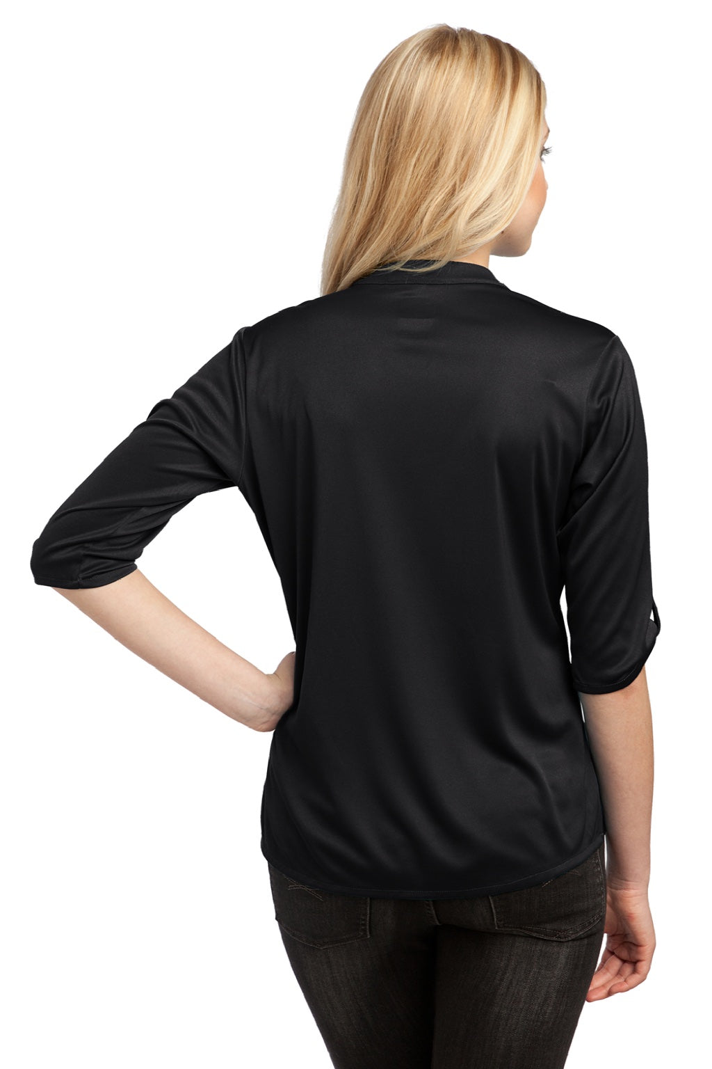 Ogio LOG111 Womens Crush Moisture Wicking 3/4 Sleeve Polo Shirt Blacktop Model Back