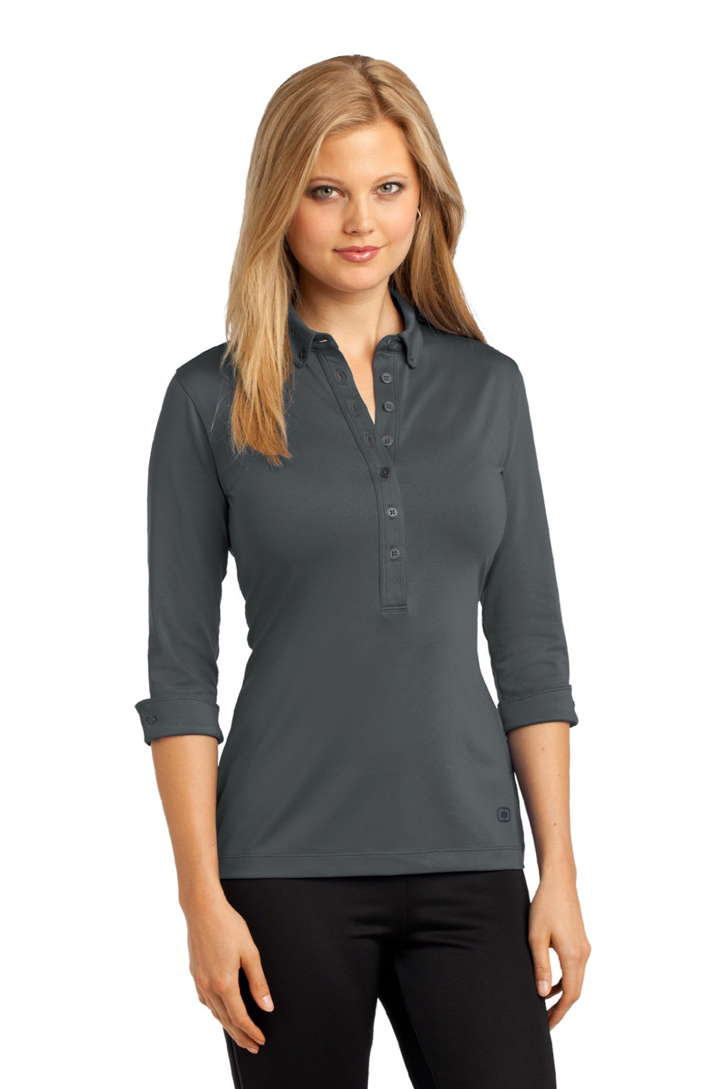 Ogio LOG122 Womens Gauge Moisture Wicking 3/4 Sleeve Polo Shirt Diesel Grey Model Front