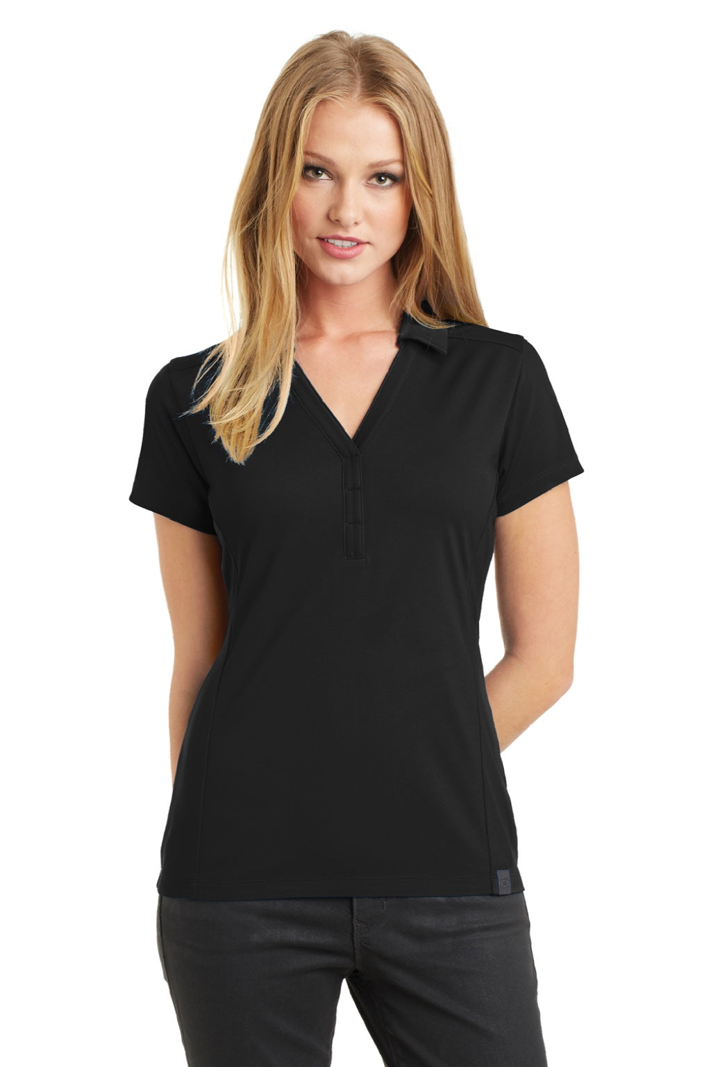 Ogio LOG125 Womens Framework Moisture Wicking Short Sleeve Polo Shirt Blacktop Model Front