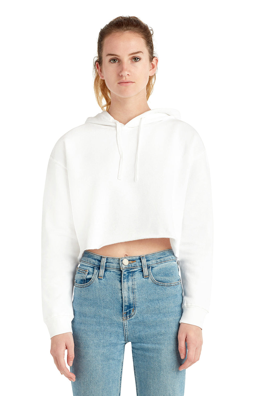 Lane Seven LS12000 Womens Cropped Fleece Hooded Sweatshirt Hoodie White Model Front