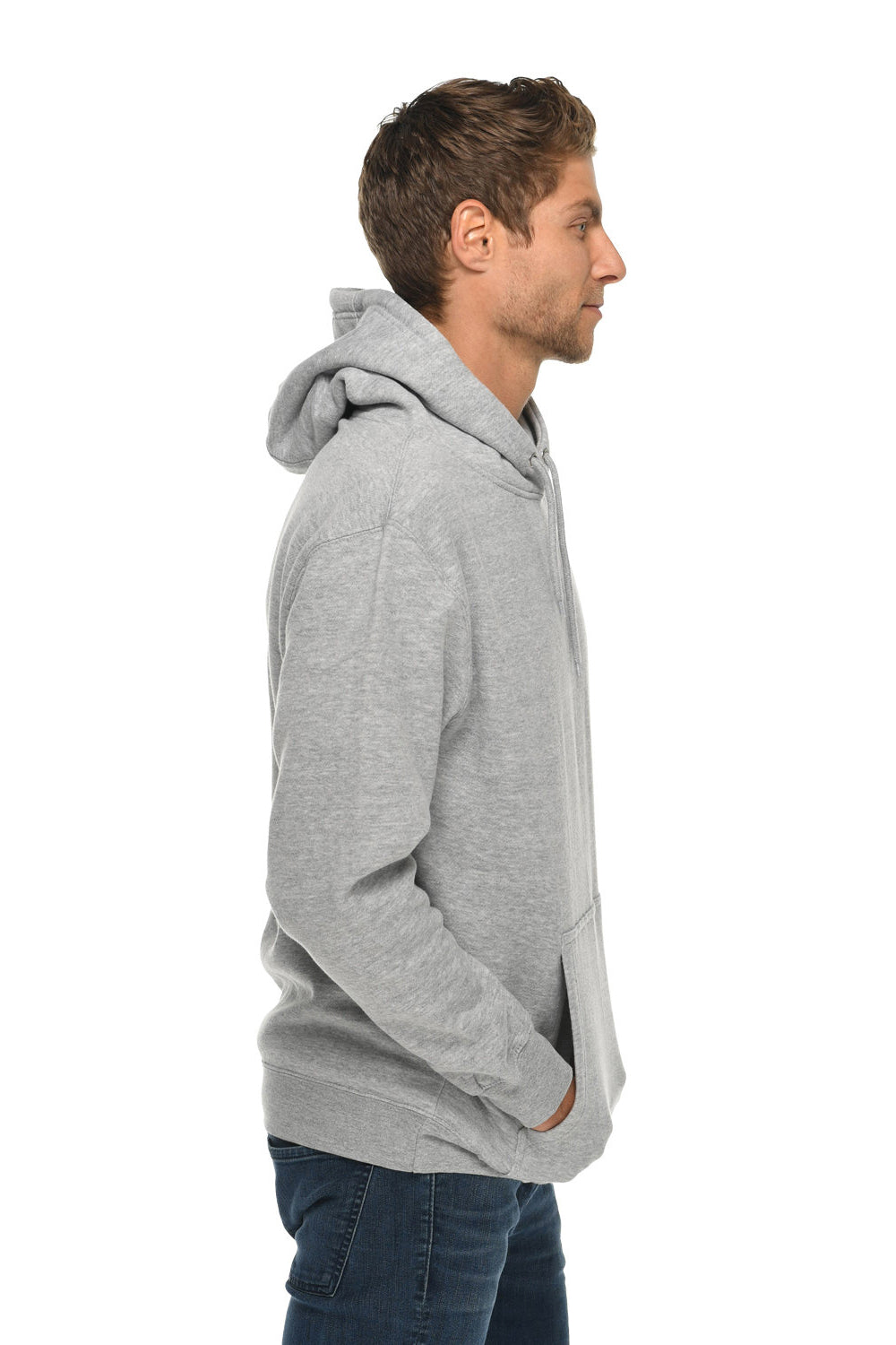 Lane Seven LS14001 Mens Premium Hooded Sweatshirt Hoodie w/ Pouch Pocket Heather Grey Model Side