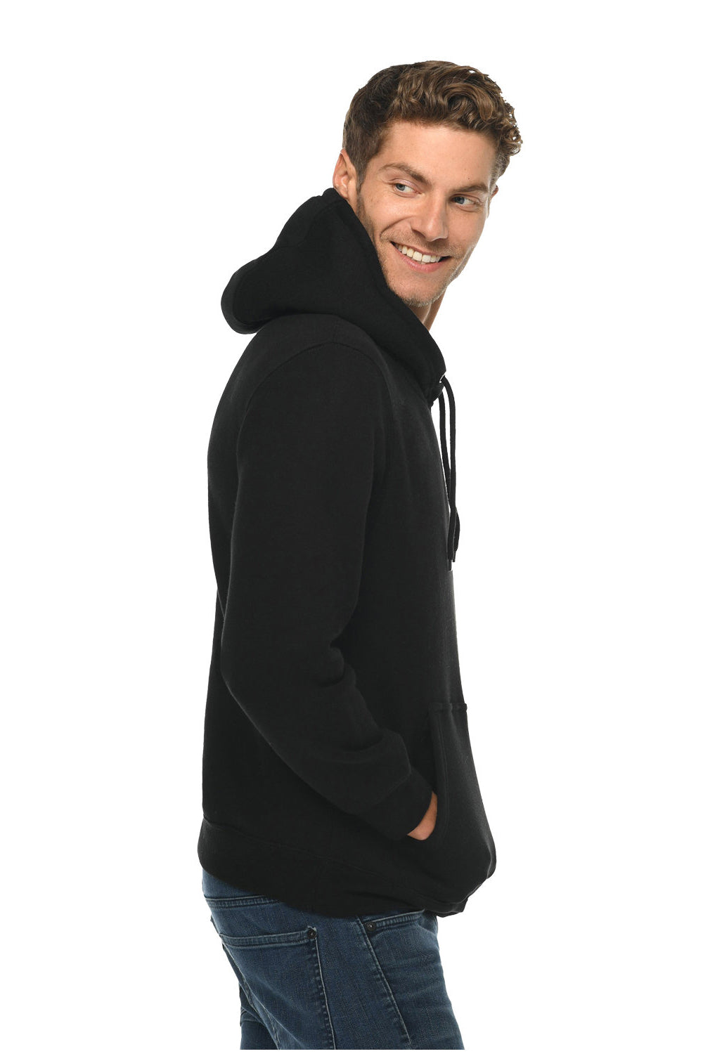 Lane Seven LS14001 Mens Premium Hooded Sweatshirt Hoodie w/ Pouch Pocket Black Model Side