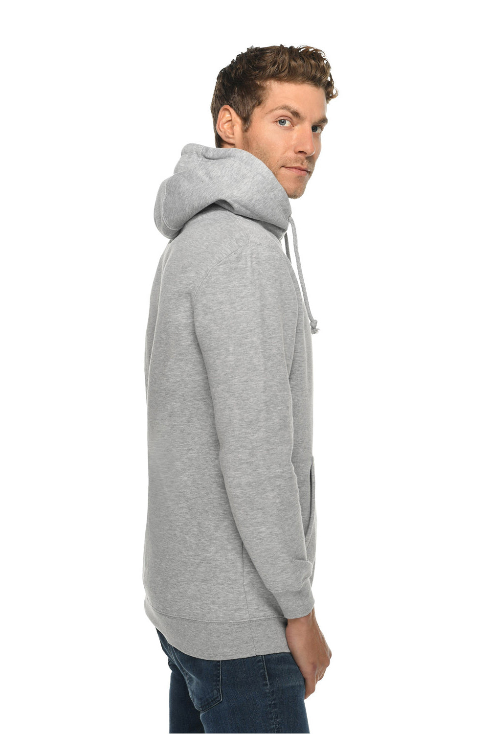Lane Seven LS19001 Mens Hooded Sweatshirt Hoodie w/ Pouch Pocket Heather Grey Model Side