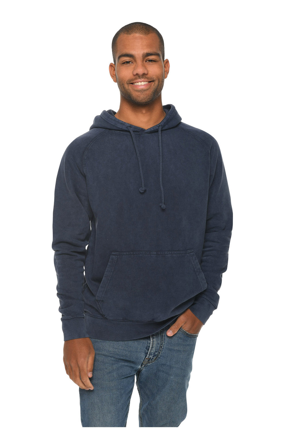 Lane Seven LST004 Mens Vintage Raglan Hooded Sweatshirt Hoodie w/ Pouch Pocket Vintage Denim Blue Model Front
