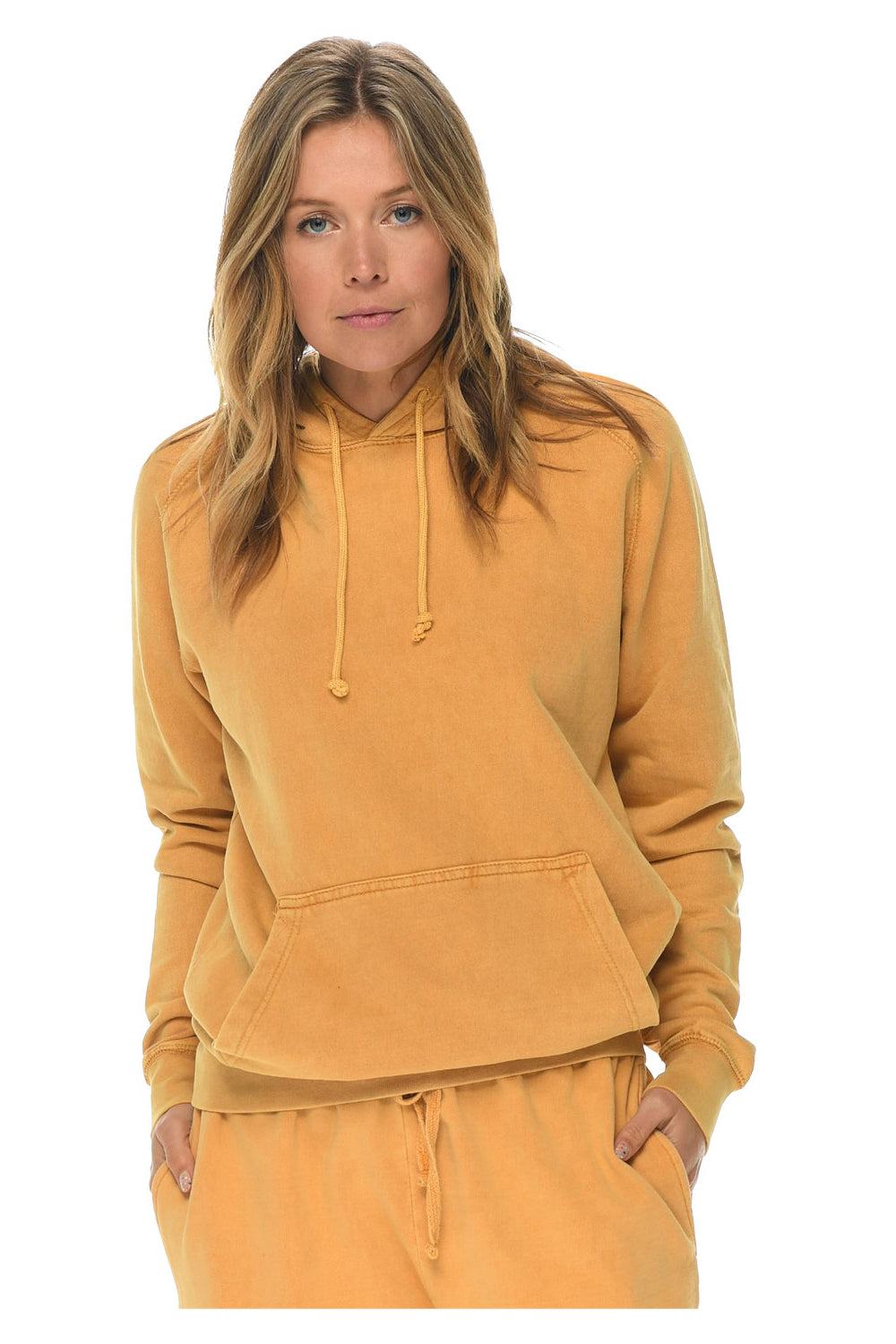 Lane Seven LST004 Mens Vintage Raglan Hooded Sweatshirt Hoodie w/ Pouch Pocket Vintage Mustard Yellow Model Front