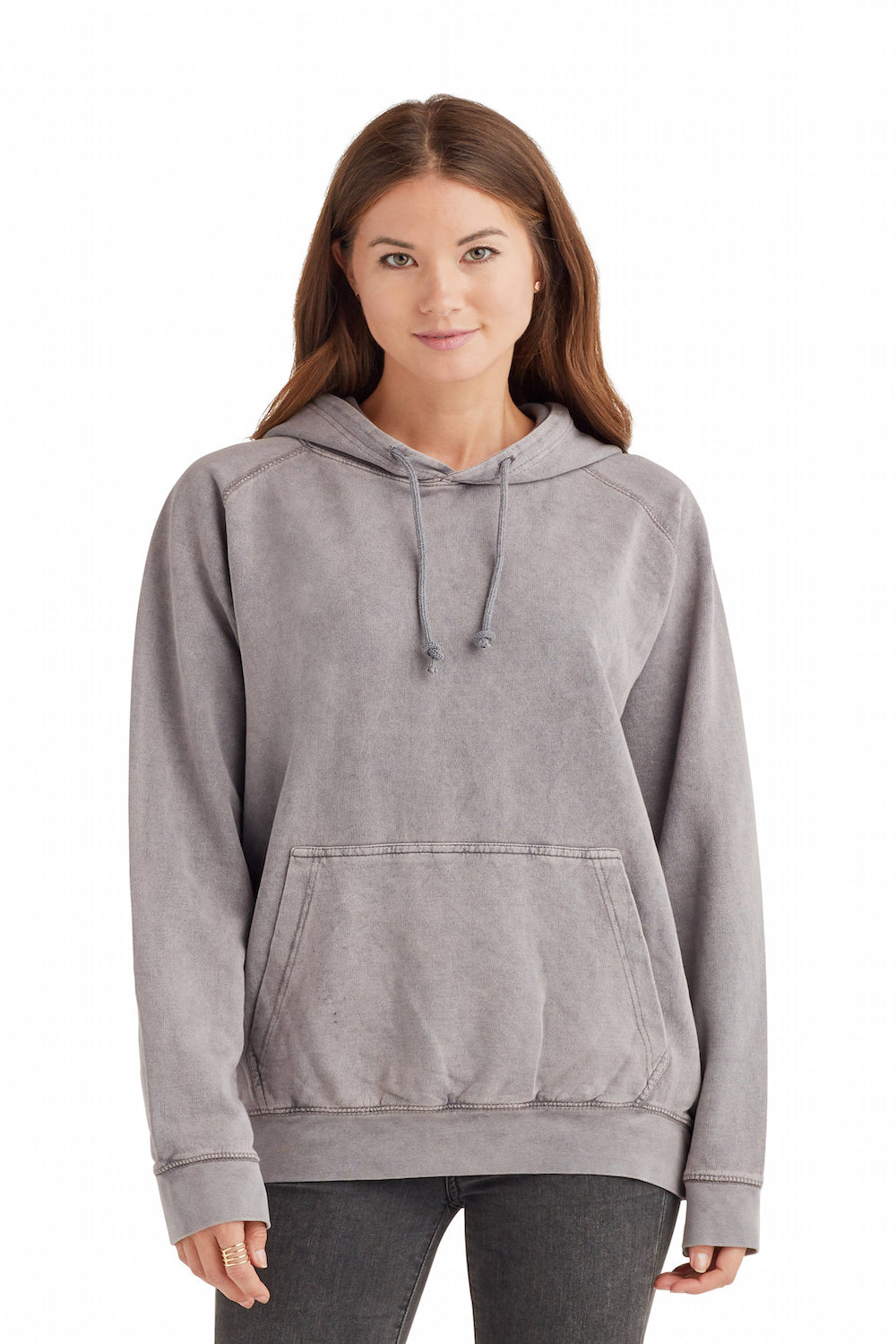 Lane Seven LST004 Mens Vintage Raglan Hooded Sweatshirt Hoodie w/ Pouch Pocket Vintage Zinc Grey Model Front