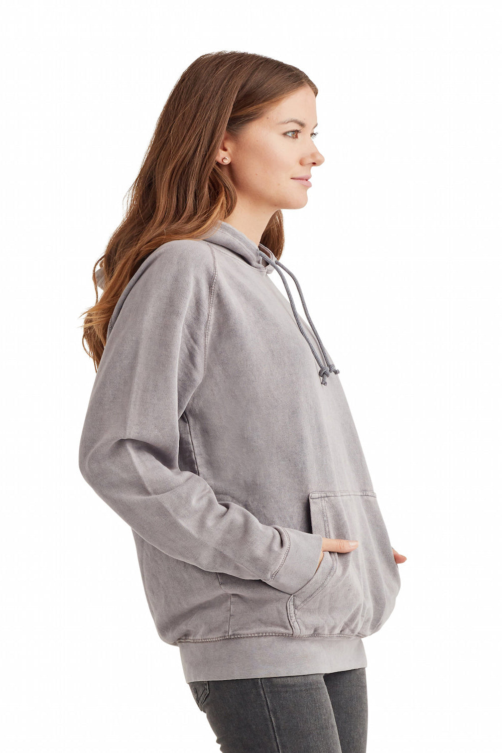 Lane Seven LST004 Mens Vintage Raglan Hooded Sweatshirt Hoodie w/ Pouch Pocket Vintage Zinc Grey Model Side