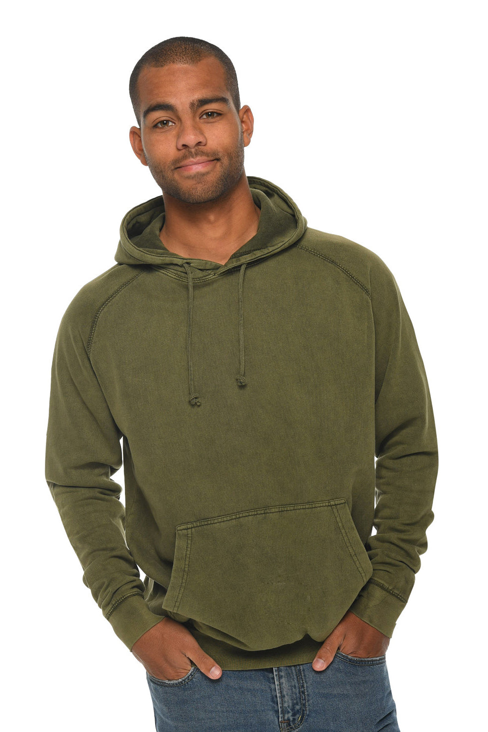 Lane Seven LST004 Mens Vintage Raglan Hooded Sweatshirt Hoodie w/ Pouch Pocket Vintage Olive Green Model Front