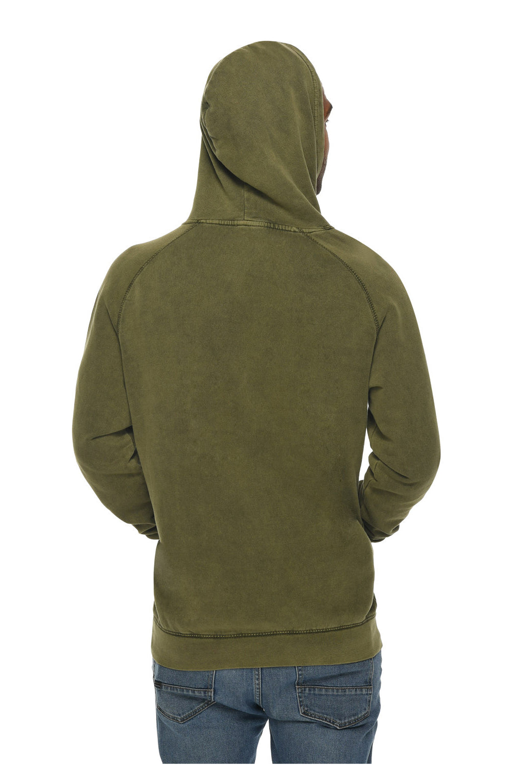 Lane Seven LST004 Mens Vintage Raglan Hooded Sweatshirt Hoodie w/ Pouch Pocket Vintage Olive Green Model Back