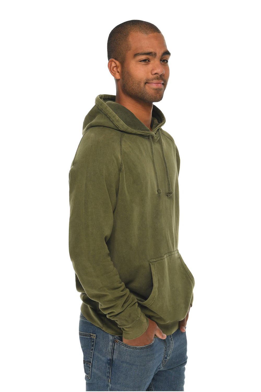 Lane Seven LST004 Mens Vintage Raglan Hooded Sweatshirt Hoodie w/ Pouch Pocket Vintage Olive Green Model Side
