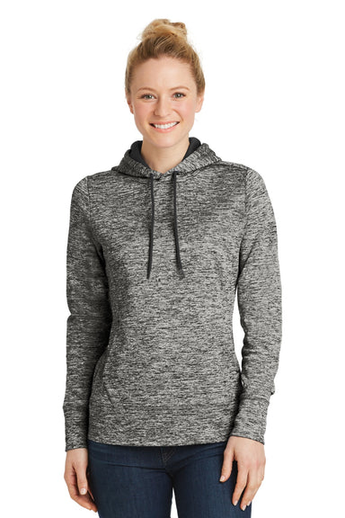 Sport-Tek LST225 Womens Electric Heather Moisture Wicking Fleece Hooded Sweatshirt Hoodie w/ Pouch Pocket Black Electric Model Front