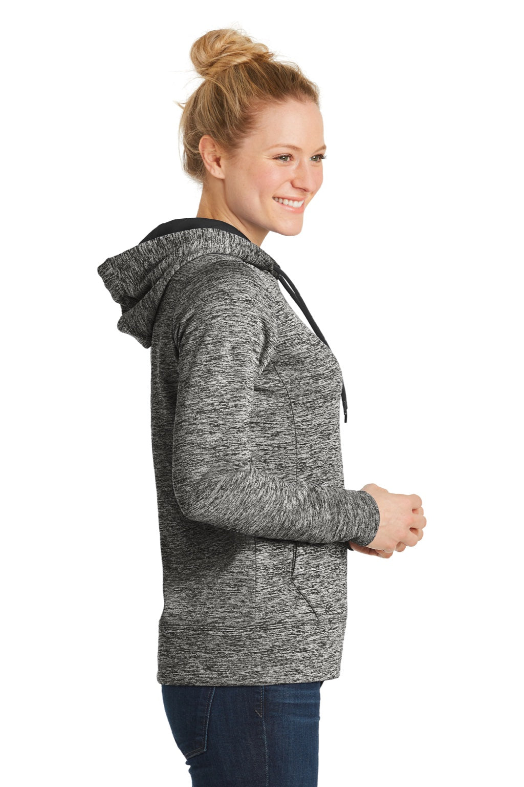 Sport-Tek LST225 Womens Electric Heather Moisture Wicking Fleece Hooded Sweatshirt Hoodie w/ Pouch Pocket Black Electric Model Side
