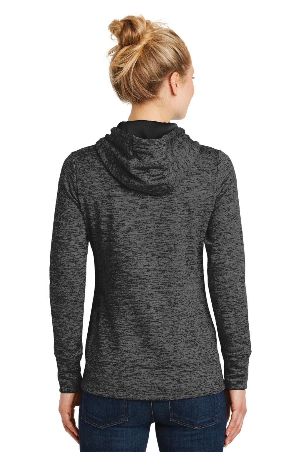Sport-Tek LST225 Womens Electric Heather Moisture Wicking Fleece Hooded Sweatshirt Hoodie w/ Pouch Pocket Grey Black Electric Model Back