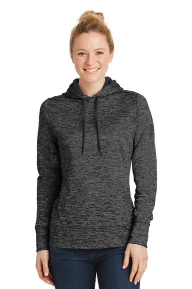 Sport-Tek LST225 Womens Electric Heather Moisture Wicking Fleece Hooded Sweatshirt Hoodie w/ Pouch Pocket Grey Black Electric Model Front