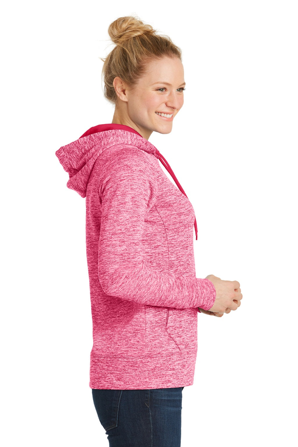 Sport-Tek LST225 Womens Electric Heather Moisture Wicking Fleece Hooded Sweatshirt Hoodie w/ Pouch Pocket Power Pink Electric Model Side