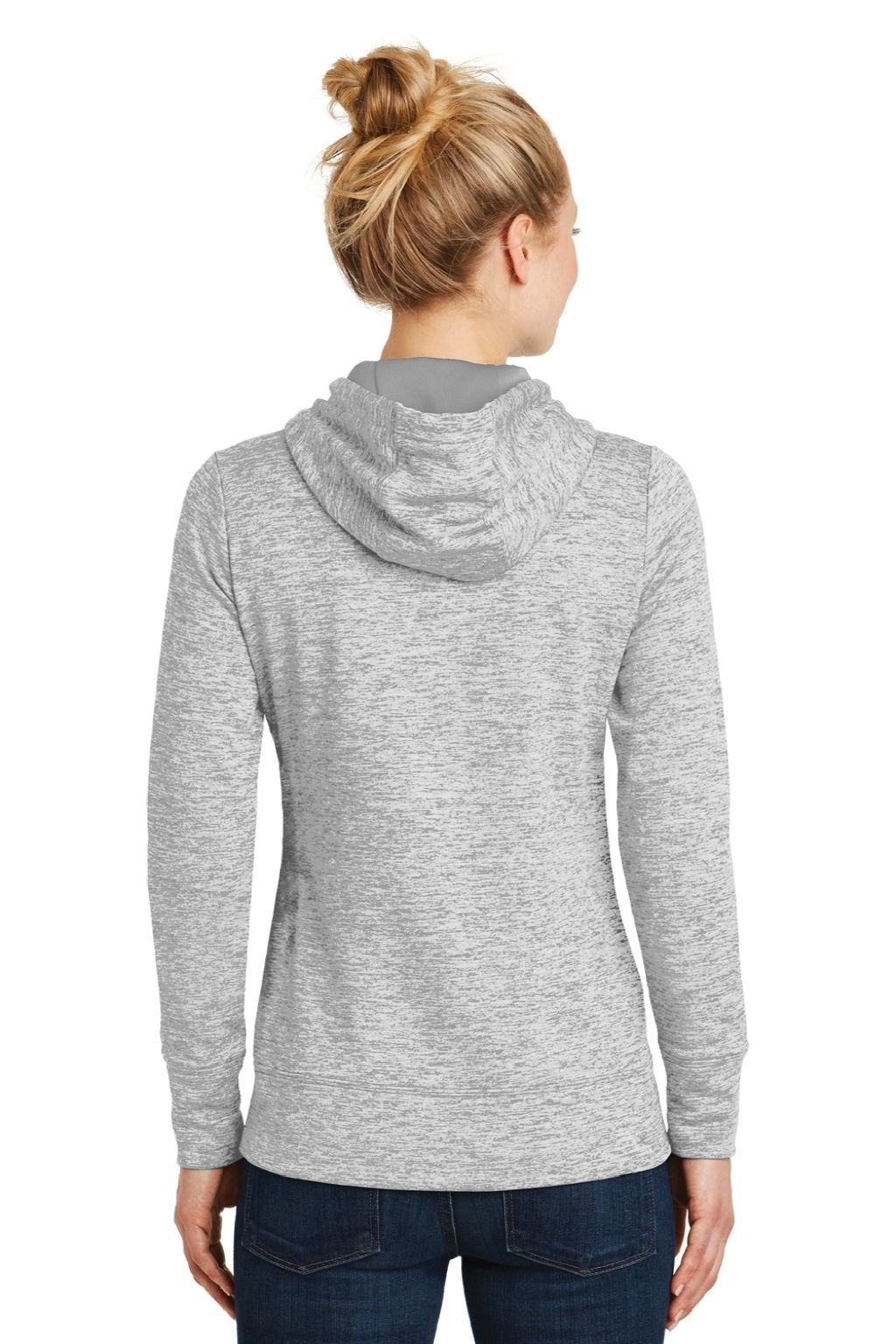 Sport-Tek LST225 Womens Electric Heather Moisture Wicking Fleece Hooded Sweatshirt Hoodie w/ Pouch Pocket Silver Grey Electric Model Back