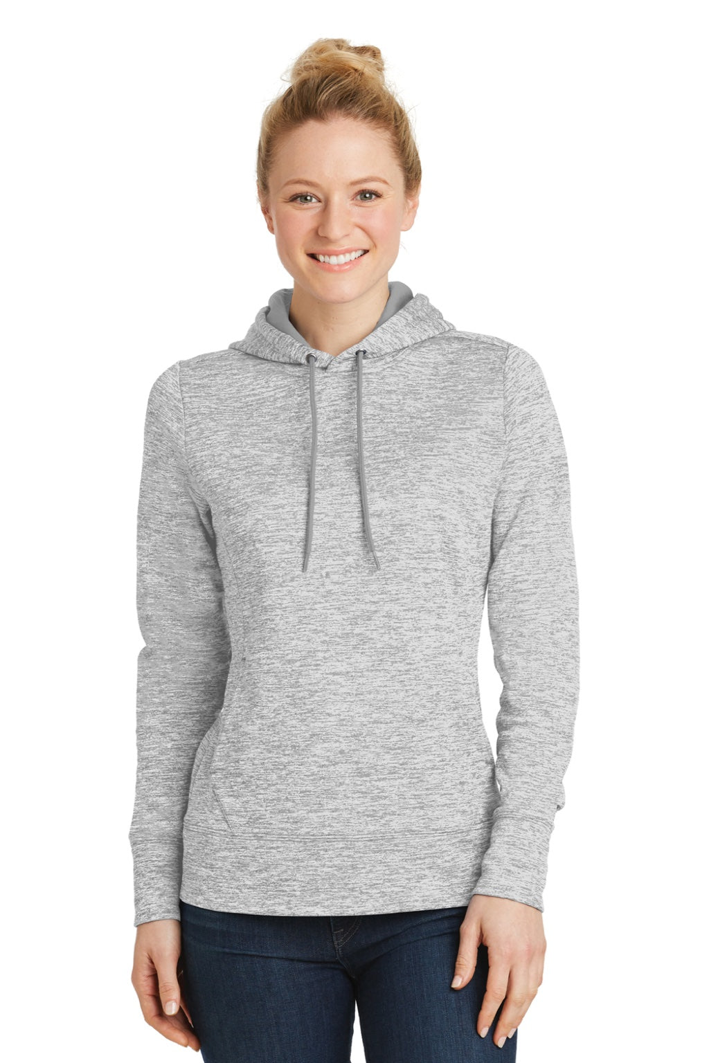 Sport-Tek LST225 Womens Electric Heather Moisture Wicking Fleece Hooded Sweatshirt Hoodie w/ Pouch Pocket Silver Grey Electric Model Front