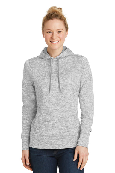 Sport-Tek LST225 Womens Electric Heather Moisture Wicking Fleece Hooded Sweatshirt Hoodie w/ Pouch Pocket Silver Grey Electric Model Front