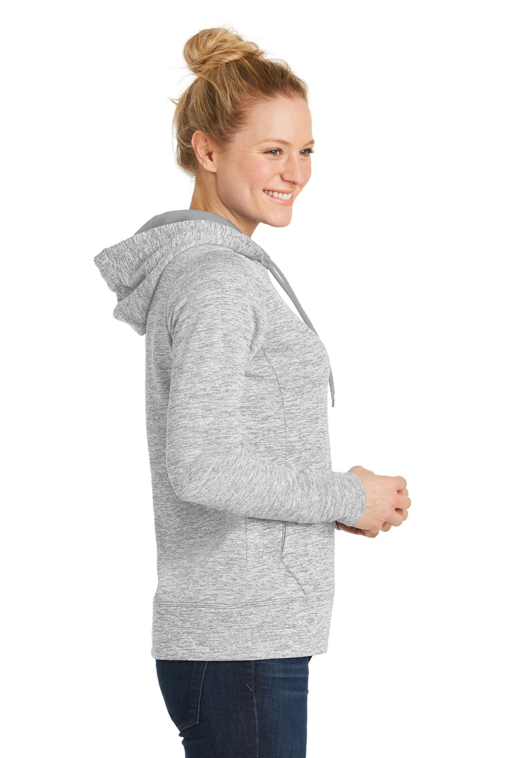 Sport-Tek LST225 Womens Electric Heather Moisture Wicking Fleece Hooded Sweatshirt Hoodie w/ Pouch Pocket Silver Grey Electric Model Side