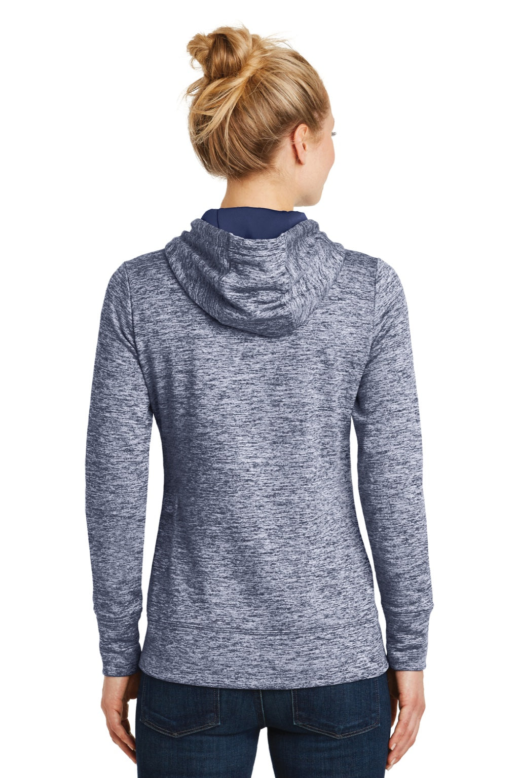 Sport-Tek LST225 Womens Electric Heather Moisture Wicking Fleece Hooded Sweatshirt Hoodie w/ Pouch Pocket True Navy Blue Electric Model Back