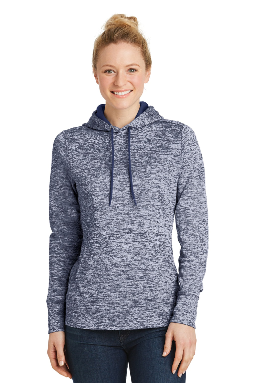 Sport-Tek LST225 Womens Electric Heather Moisture Wicking Fleece Hooded Sweatshirt Hoodie w/ Pouch Pocket True Navy Blue Electric Model Front