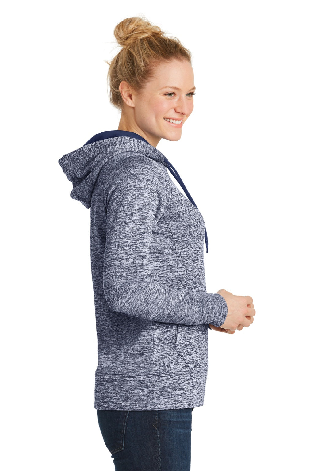 Sport-Tek LST225 Womens Electric Heather Moisture Wicking Fleece Hooded Sweatshirt Hoodie w/ Pouch Pocket True Navy Blue Electric Model Side