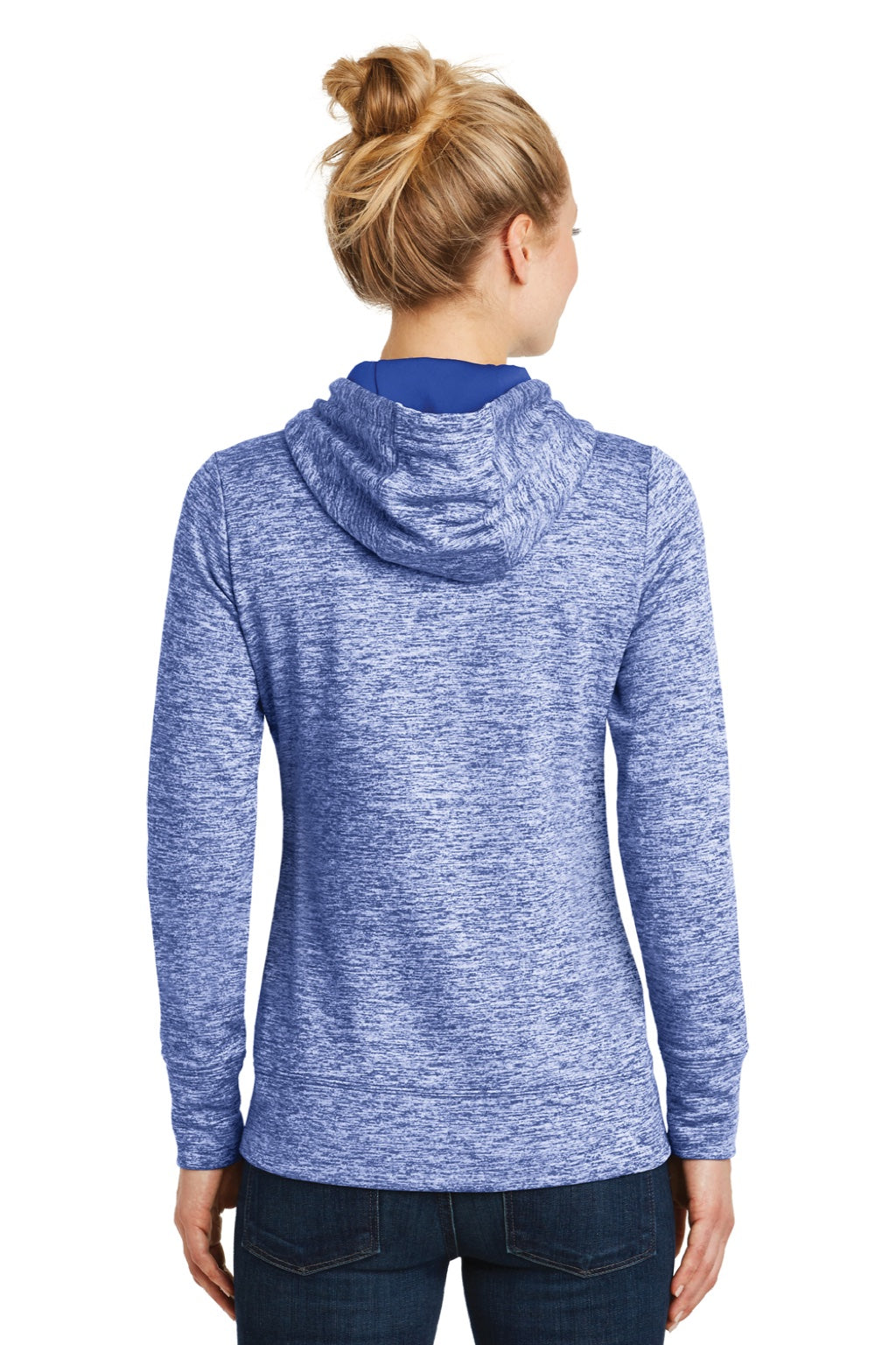 Sport-Tek LST225 Womens Electric Heather Moisture Wicking Fleece Hooded Sweatshirt Hoodie w/ Pouch Pocket True Royal Blue Electric Model Back