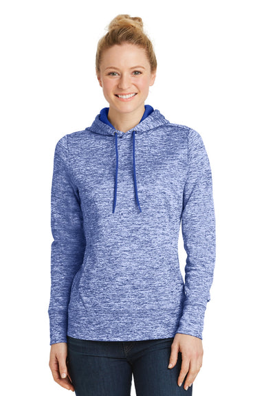 Sport-Tek LST225 Womens Electric Heather Moisture Wicking Fleece Hooded Sweatshirt Hoodie w/ Pouch Pocket True Royal Blue Electric Model Front