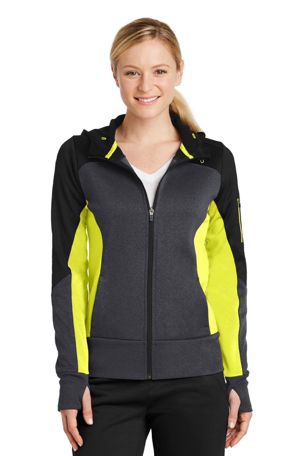Sport-Tek LST245 Womens Moisture Wicking Full Zip Tech Fleece Hooded Jacket Black/Heather Graphite Grey/Citron Green Model Front