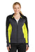 Sport-Tek LST245 Womens Moisture Wicking Full Zip Tech Fleece Hooded Jacket Black/Heather Graphite Grey/Citron Green Model Front