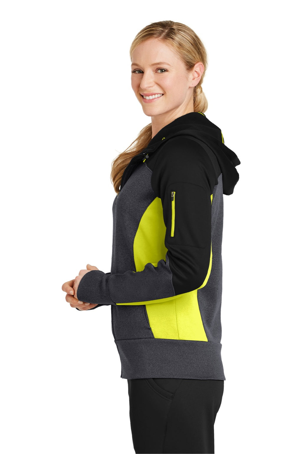 Sport-Tek LST245 Womens Moisture Wicking Full Zip Tech Fleece Hooded Jacket Black/Heather Graphite Grey/Citron Green Model Side