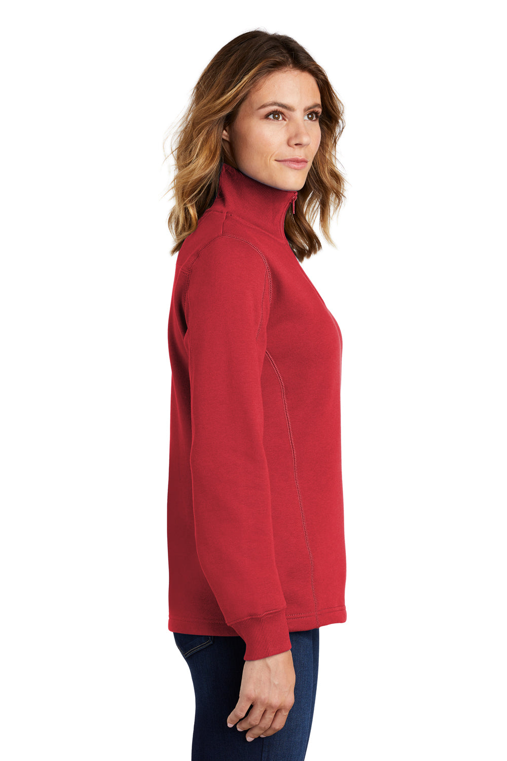 Sport-Tek LST253 Womens Shrink Resistant Fleece 1/4 Zip Sweatshirt True Red Model Side