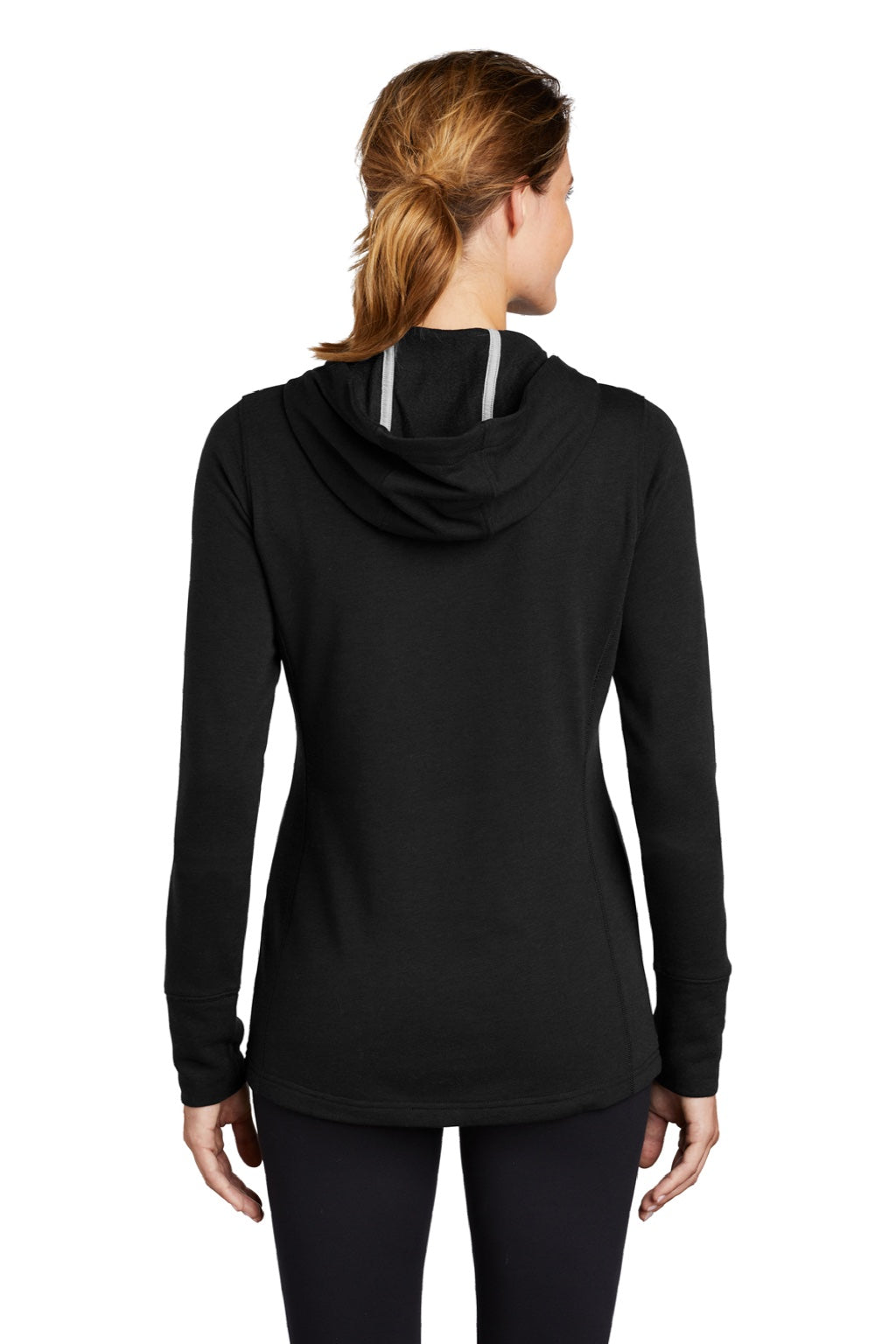 Sport-Tek LST296 Womens Moisture Wicking Fleece Hooded Sweatshirt Hoodie w/ Pouch Pocket Black Model Back