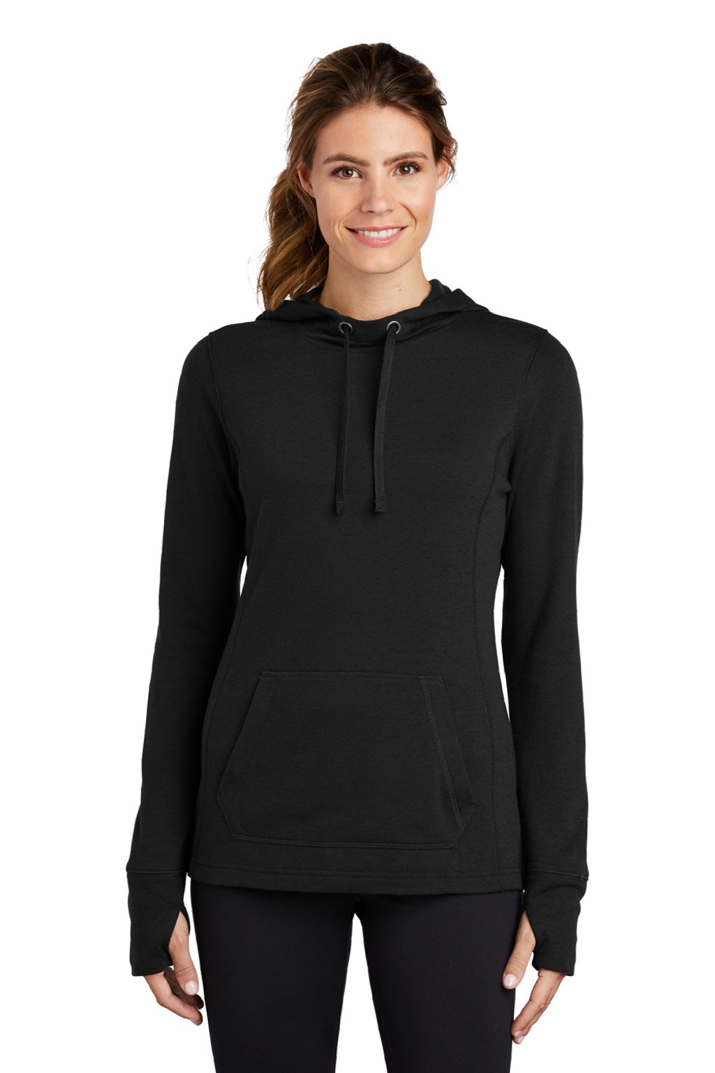 Sport-Tek LST296 Womens Moisture Wicking Fleece Hooded Sweatshirt Hoodie w/ Pouch Pocket Black Model Front