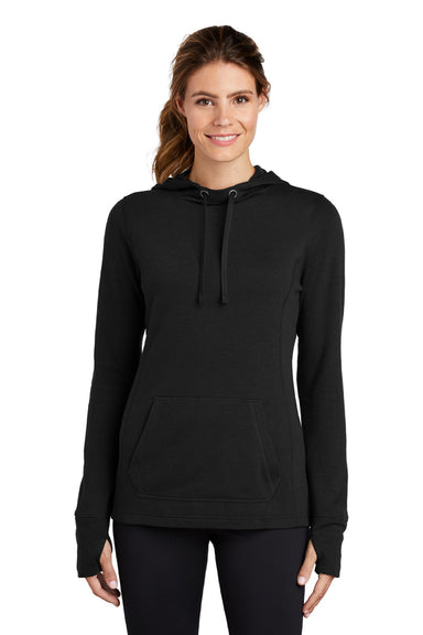 Sport-Tek LST296 Womens Moisture Wicking Fleece Hooded Sweatshirt Hoodie w/ Pouch Pocket Black Model Front