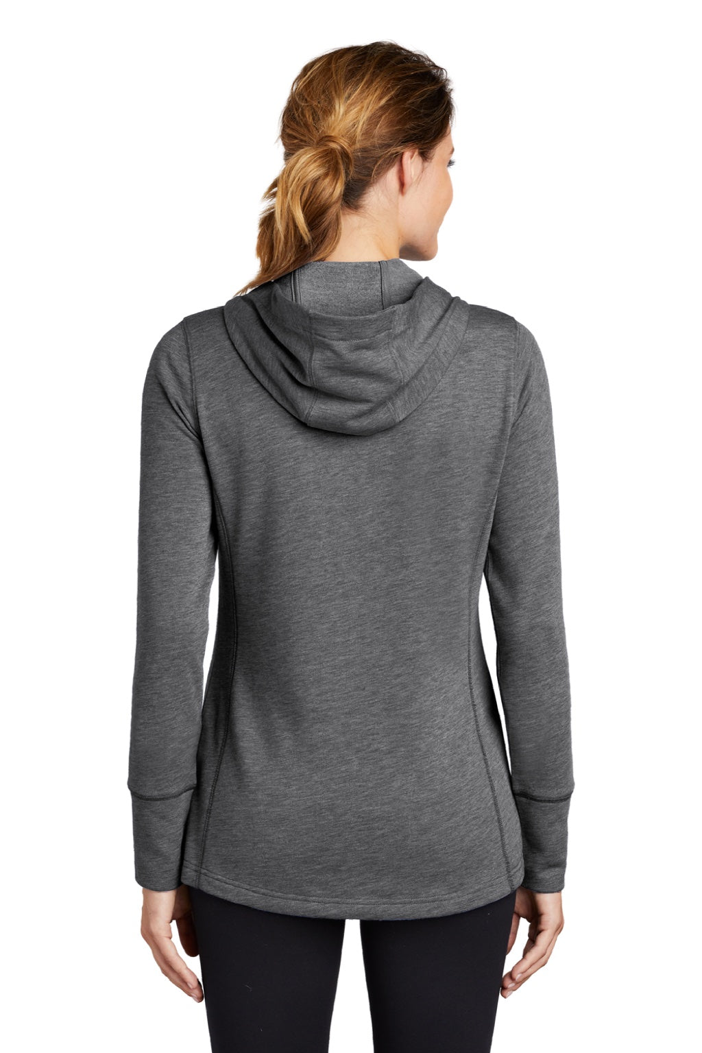 Sport-Tek LST296 Womens Moisture Wicking Fleece Hooded Sweatshirt Hoodie w/ Pouch Pocket Heather Dark Grey Model Back