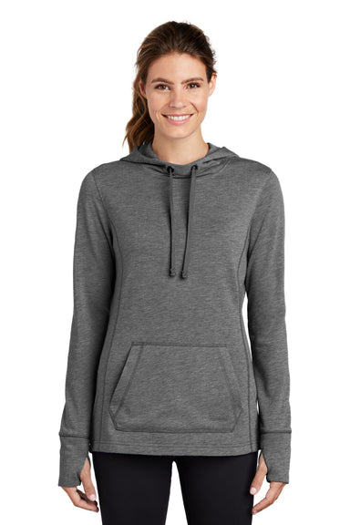 Sport-Tek LST296 Womens Moisture Wicking Fleece Hooded Sweatshirt Hoodie w/ Pouch Pocket Heather Dark Grey Model Front